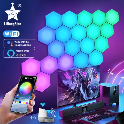 Lampe murale LED RGB, Bluetooth, hexagonale, application, télécommande, veilleuse, ordinateur, salle de jeux