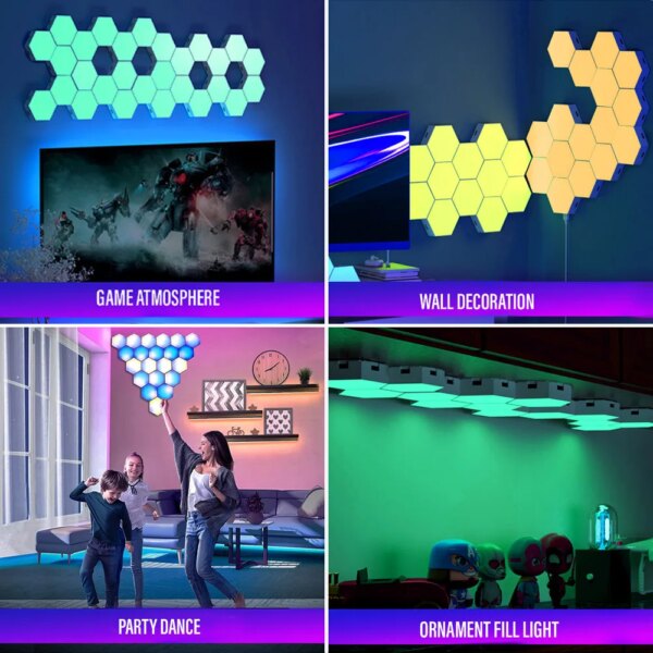 1050-8364a9.jpg Lampe murale LED RGB, Bluetooth, hexagonale, application, télécommande, veilleuse, ordinateur, salle de jeux