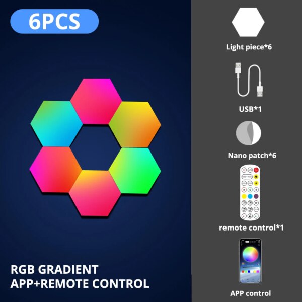 1051-92d435.jpg Lampe murale LED RGB, Bluetooth, hexagonale, application, télécommande, veilleuse, ordinateur, salle de jeux