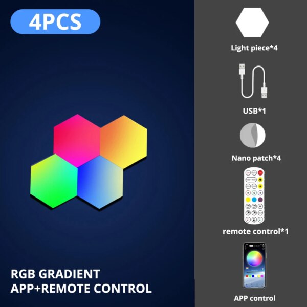 1069-be4e81.jpg Lampe murale LED RGB, Bluetooth, hexagonale, application, télécommande, veilleuse, ordinateur, salle de jeux
