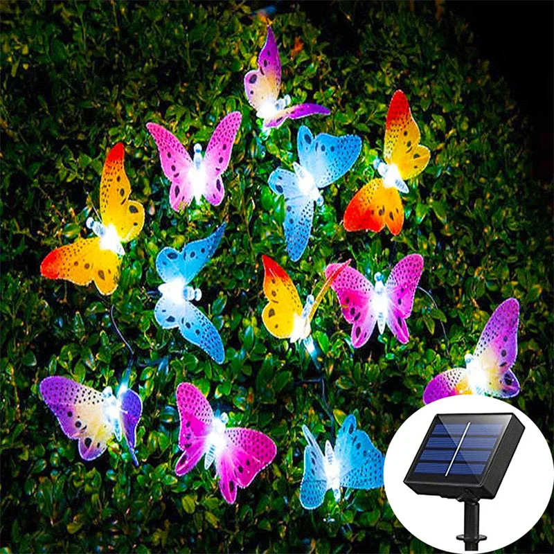 Solaire forme guirlande lumineuse — Guirlande lumineuse solaire à 12 Led en forme de papillon, imperméable, Fiber optique, luminaire décoratif d'extérieur | belleveilleuse.fr