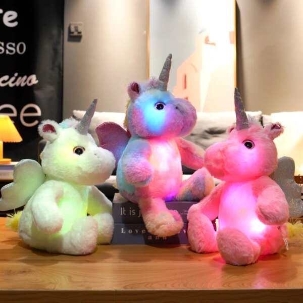 11382-99e528.jpg licorne veilleuse peluche et ange lumineux coloré, 25cm, Kawaii, oreiller lumineux