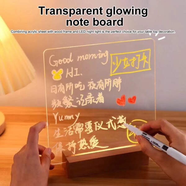 12133-ff36b2.jpg panneau de notes en veilleuse créative led avec stylo en acrylique avec support en bois