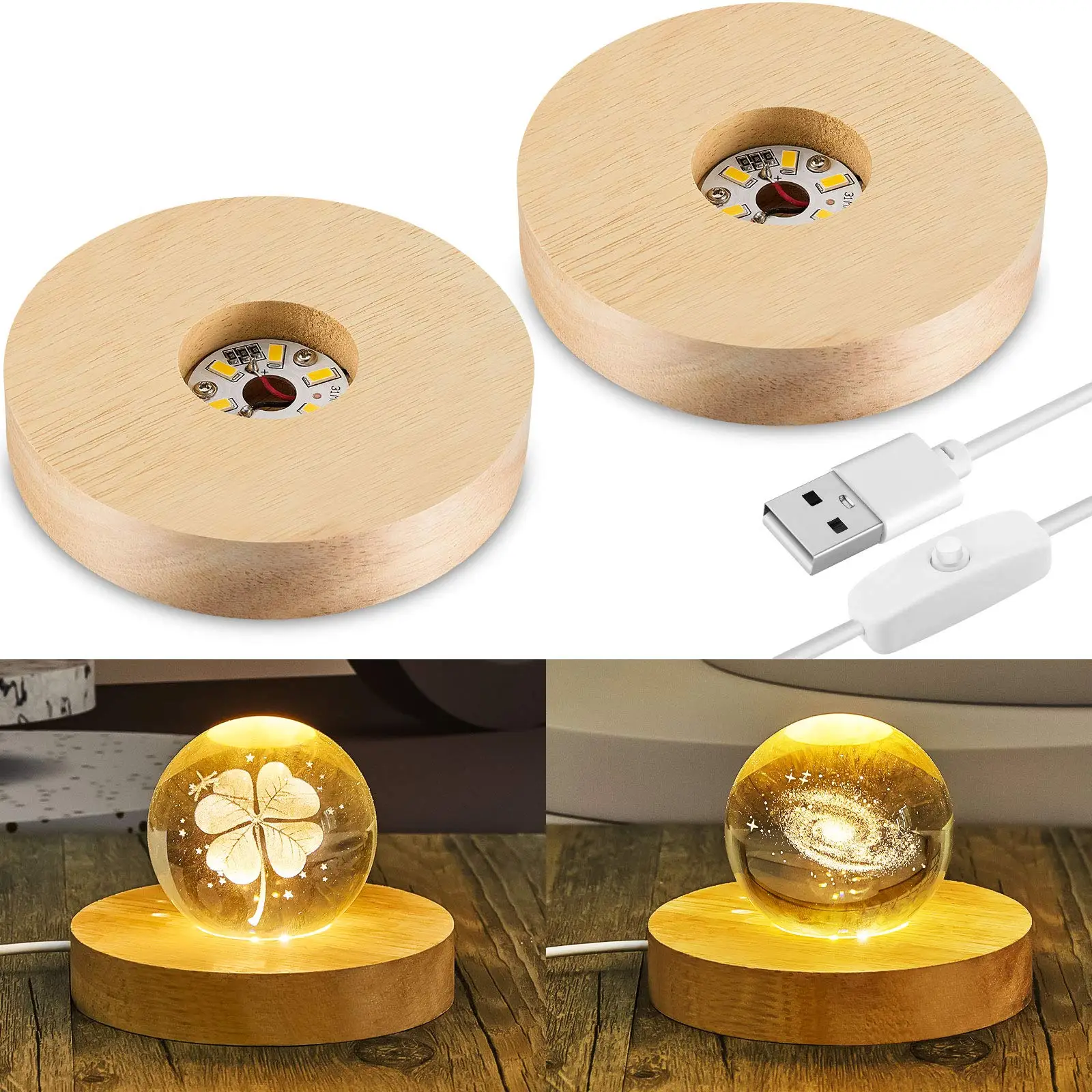 Base de lampe Led en bois, accessoires acryliques, Interface USB, bouton interrupteur