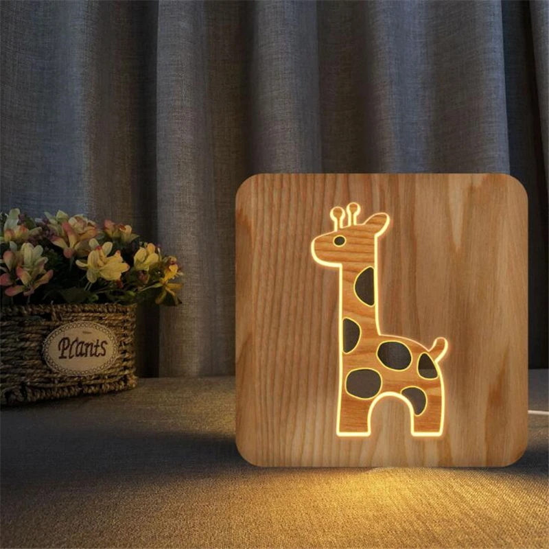 Bois girafe lampe de — Lampe Led 3D en bois de girafe, veilleuse blanche chaude pour chambre à coucher | belleveilleuse.fr