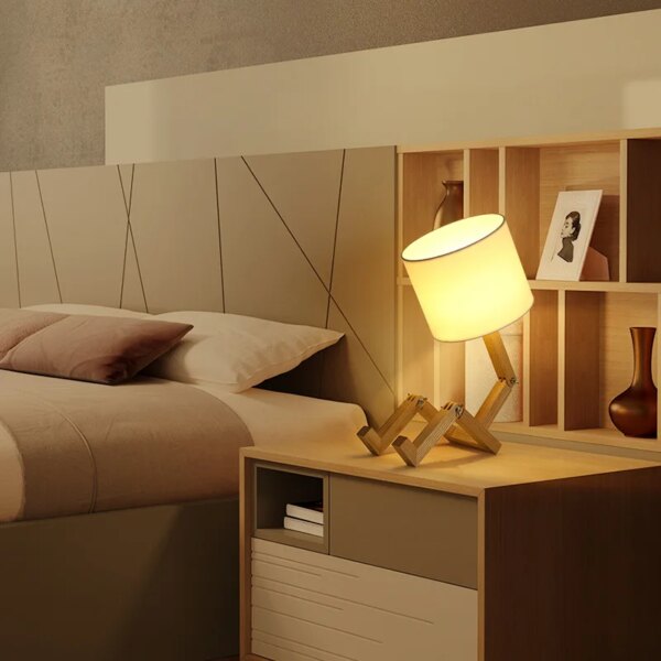Lampe de Table en bois en forme de Robot, support E27