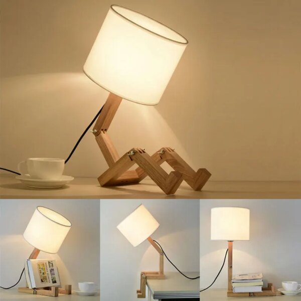 Lampe de Table en bois en forme de Robot, support E27