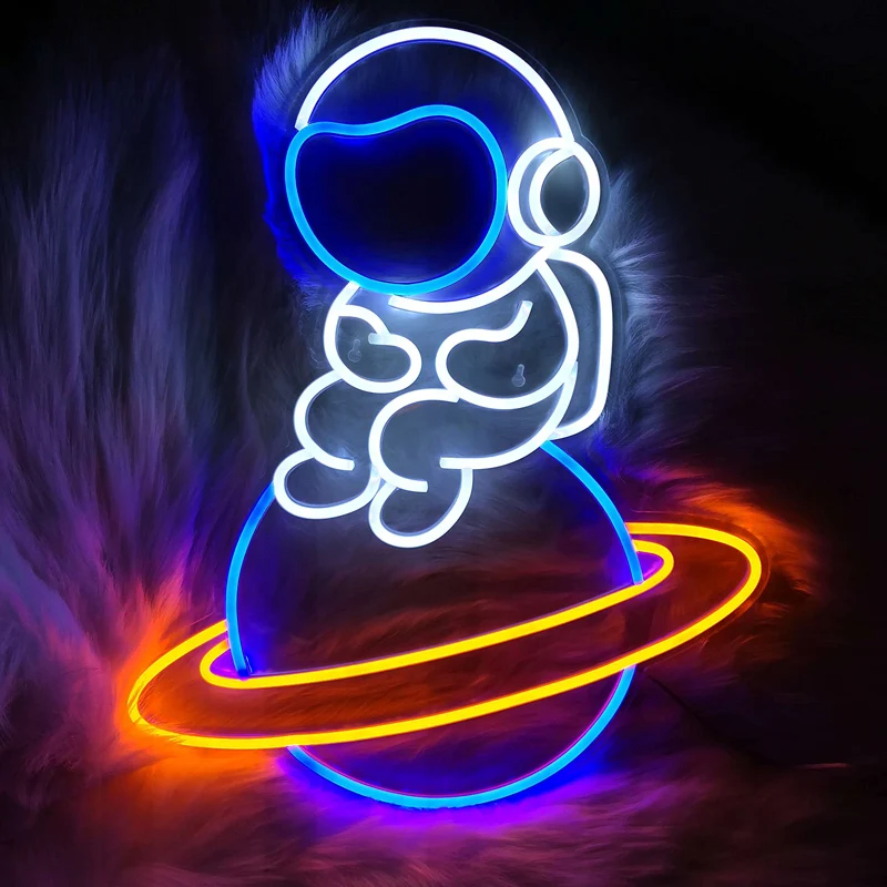 Panneau néon LED astronaute, planète et vaisseau spatial