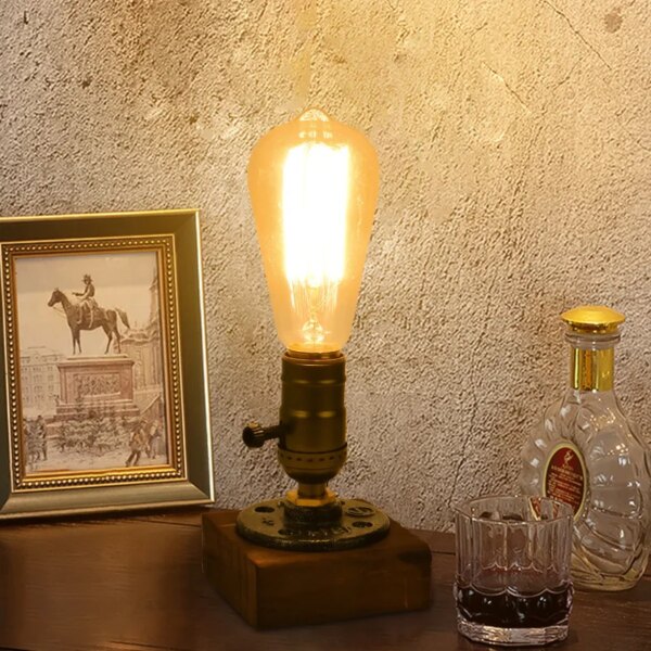 Lampe de Table en bois Vintage, lampe de bureau en fer industriel