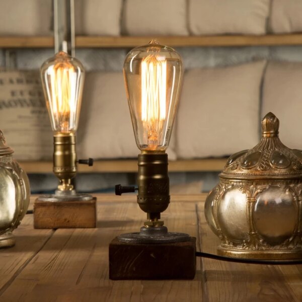 Lampe de Table en bois Vintage, lampe de bureau en fer industriel