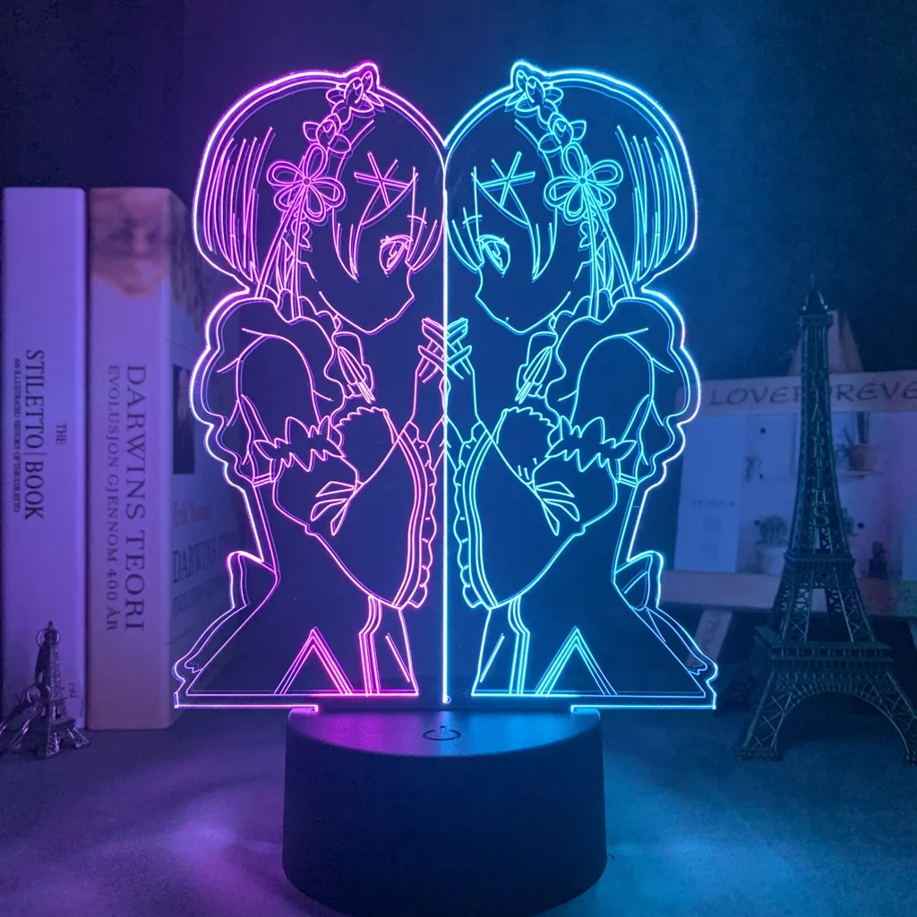 Lampe thème veilleuse adulte — Lampe Led en 3d, thème Anime Rem et Ram de Re zéro, veilleuse pour chambre à coucher | belleveilleuse.fr