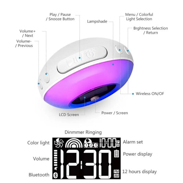 reveil veilleuse  Led avec haut-parleur Bluetooth 10W, couleur