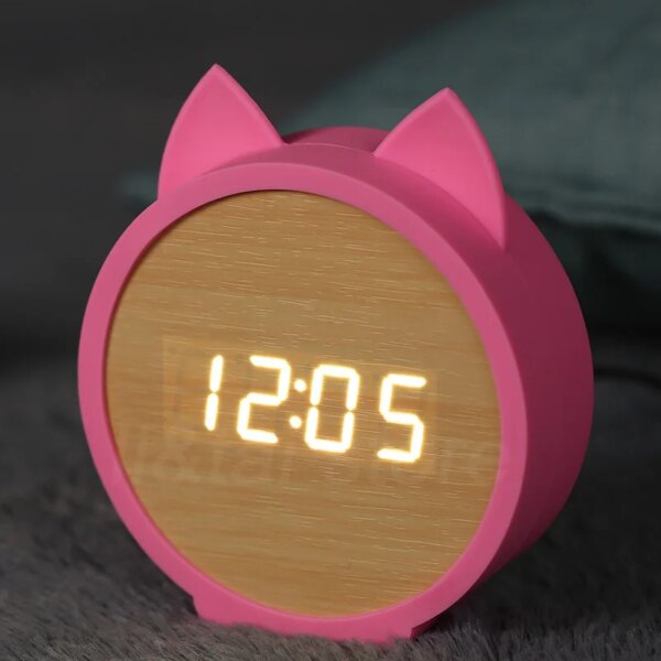 19094-038f56.jpg reveil veilleuse d'alarme électronique en bois, LED, pour enfant, chat mignon