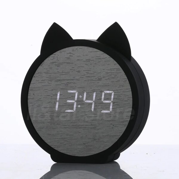 reveil veilleuse d'alarme électronique en bois, LED, pour enfant, chat mignon