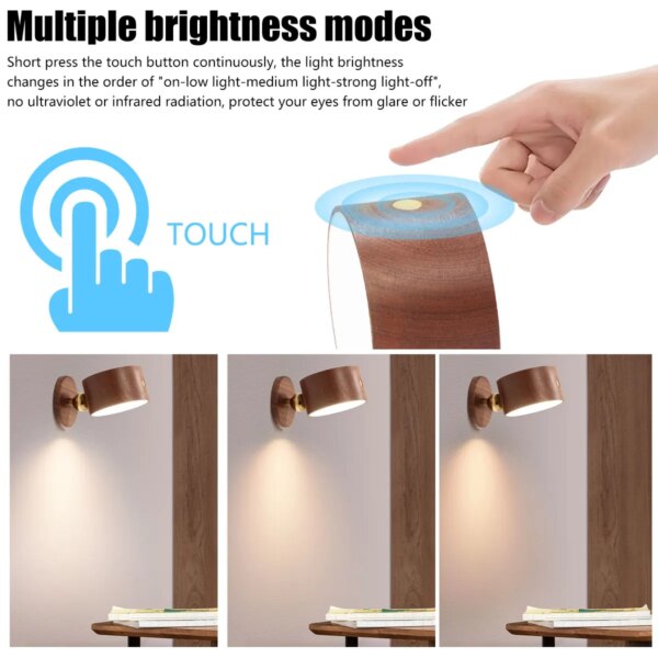 Applique murale LED rotative à 360 ° en bois avec port USB