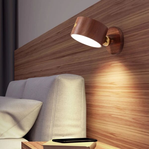 Applique murale LED rotative à 360 ° en bois avec port USB