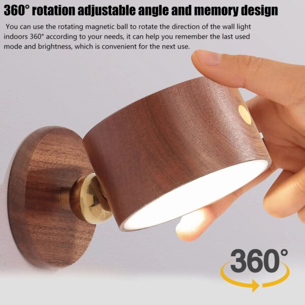 Applique murale LED rotative à 360 ° en bois avec port USB