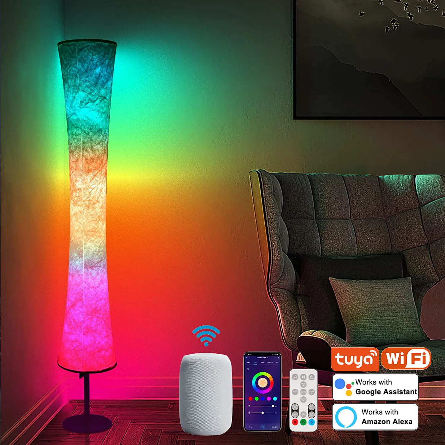 Lampadaire angle guirlande lumineuse — Lampadaire d'angle Led en tissu blanc nordique avec contrôle Alexa intelligent | belleveilleuse.fr