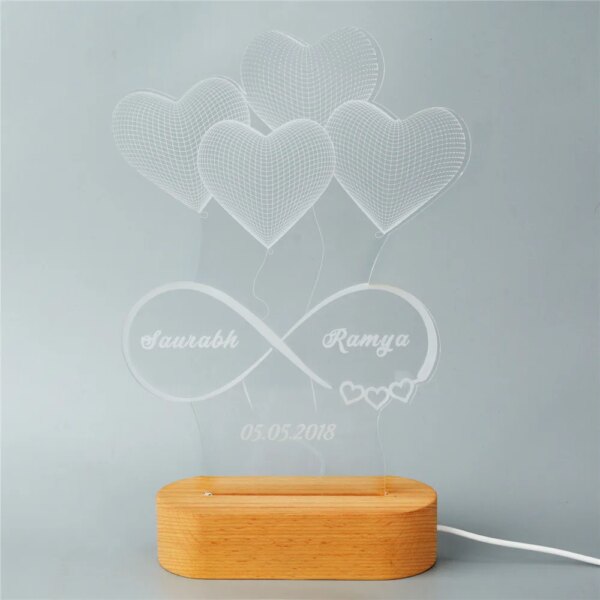 Lampe 3d LED personnalisée avec noms et Date, effet d'illusion 3D