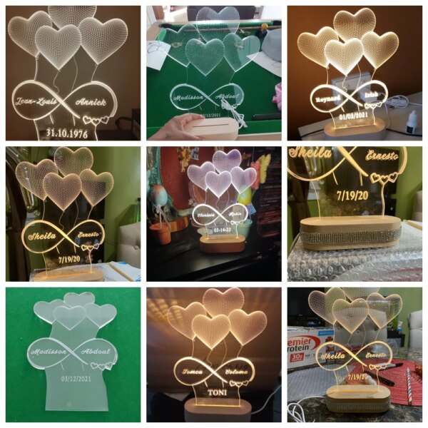 Lampe 3d LED personnalisée avec noms et Date, effet d'illusion 3D