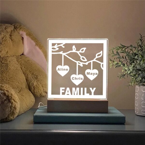 Lampe 3d LED personnalisée en acrylique avec signe d'arbre familial