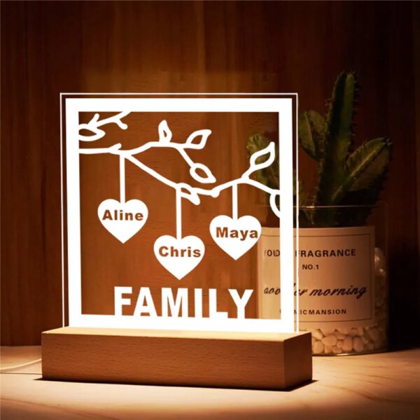 Lampe 3d LED personnalisée en acrylique avec signe d'arbre familial