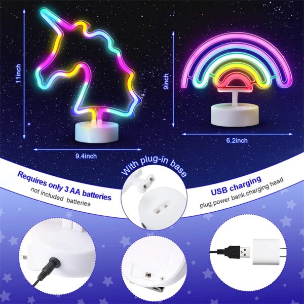 néon licorne LED USB, flamant rose arc-en-ciel pour vacances