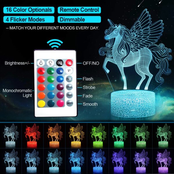 lampe 3d d'illusion LED 3D avec télécommande, 16 couleurs changeantes