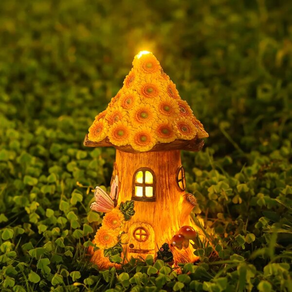 Maison Miniature artisanale à Led en résine, jardin