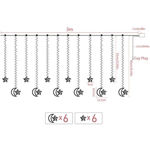 Guirlande lumineuse féerique Led 3 mètres, lampe 12 lunes/étoiles